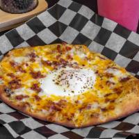 Breakfast Flatbread · Naan bread, infused cold pressed olive oil, cheddar cheese, mozzarella cheese, pepper jack, ...