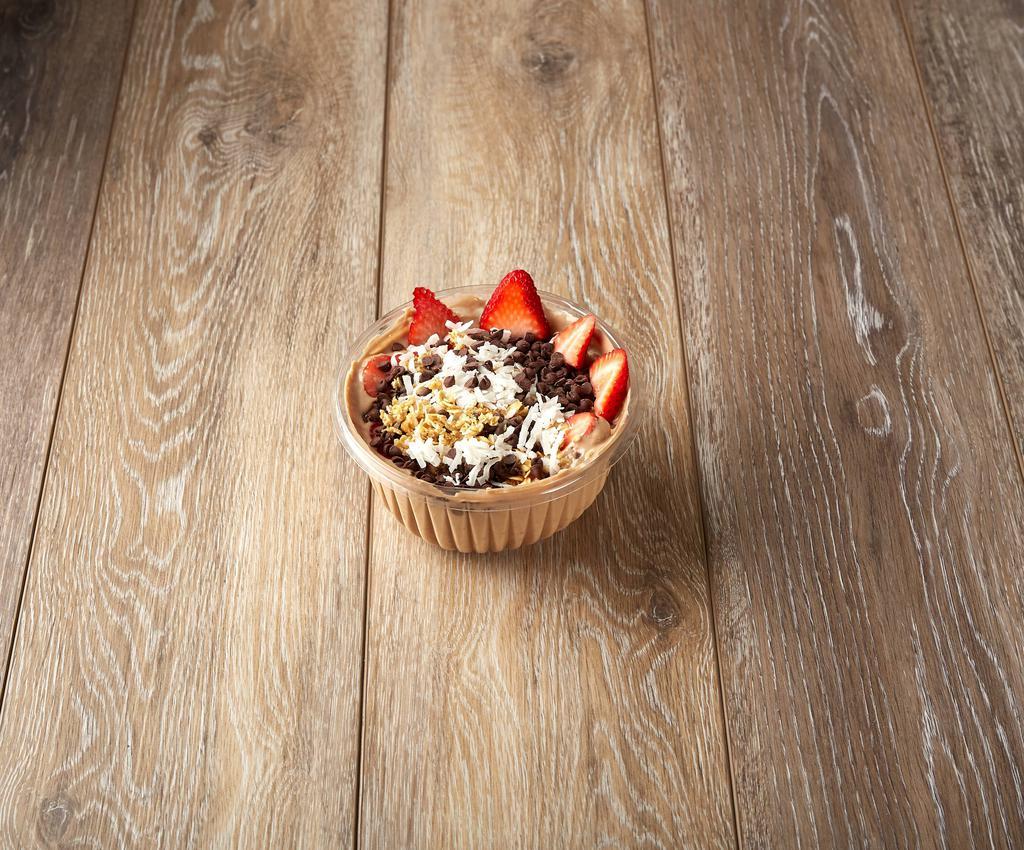 PB and Chocolate Bowl · Banana, peanut butter protein, cocoa, almond milk and agave. Topped with coconut, strawberries and granola.