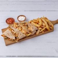 Grilled Chicken Quesadilla · With cheddar cheese, peppers and onions. Served with french fries, sour cream, salsa and pic...
