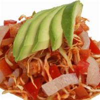 42. Tostada del Moco (Very Spicy) · With cueritos, cabbage, tomato, avocado, Cleme's special sauce and lime juice.