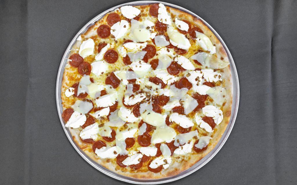 Quattro Formaggi with Pepperoni Pie  · Our special white pizza with ricotta, mozzarella, Romano and provolone cheeses.

