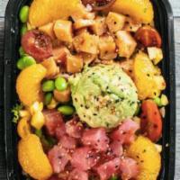 Poke Bowl · Tuna or Salmon Poke a top your choice of base topped with green leaf lettuce, grape tomatoes...