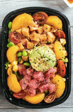 Poke Bowl · Tuna or Salmon Poke a top your choice of base topped with green leaf lettuce, grape tomatoes, edamame, mango, mandarin oranges, and avocado