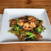PAD SEE EW · Stir-fried rice noodle with black soy sauce, chinese broccoli and egg.