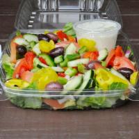 Garden Salad · Romaine lettuce, tomatoes, red onions, Kalamata olives, red peppers, green peppers, cucumber...