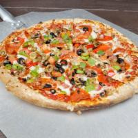 Supreme Pizza · Pepperoni, Canadian bacon, sausage, mushrooms, black olives, green olives, onions, green pep...