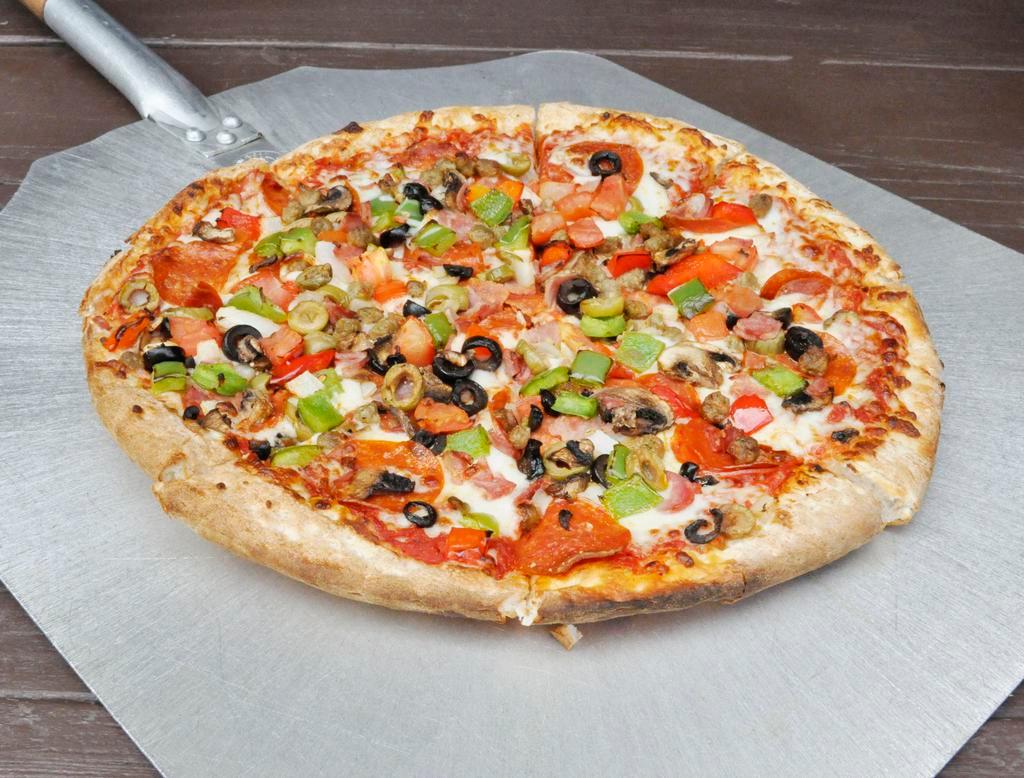 Supreme Pizza · Pepperoni, Canadian bacon, sausage, mushrooms, black olives, green olives, onions, green peppers, red peppers and tomatoes.