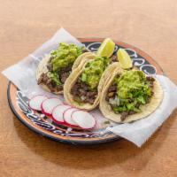 3 Piece Tacos Mexicanos · Topped with cilantro, onions and guacamole, served with radish and lime.