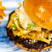 Black Bean Veggie Burger · black bean patty, chihuahua cheese, tortilla chips, guacamole, cotija cheese, chipotle aioli...