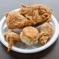3 Piece Breast, Thigh and Leg Chicken Snack · Served with biscuit.