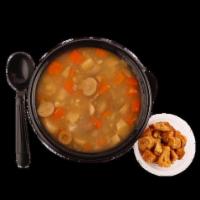 VEGETABLE SOUP · A delicious homemade soup filled with the freshest vegetables and a side of croutons.