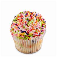 Confetti Fun Cupcake · White cake with colorful sprinkles baked in and topped with buttercream frosting and dipped ...