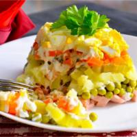 Potato Salad Olivier · Boiled potatoes and carrots, pickles, peas, boiled eggs, chicken breast, dressed with mayonn...