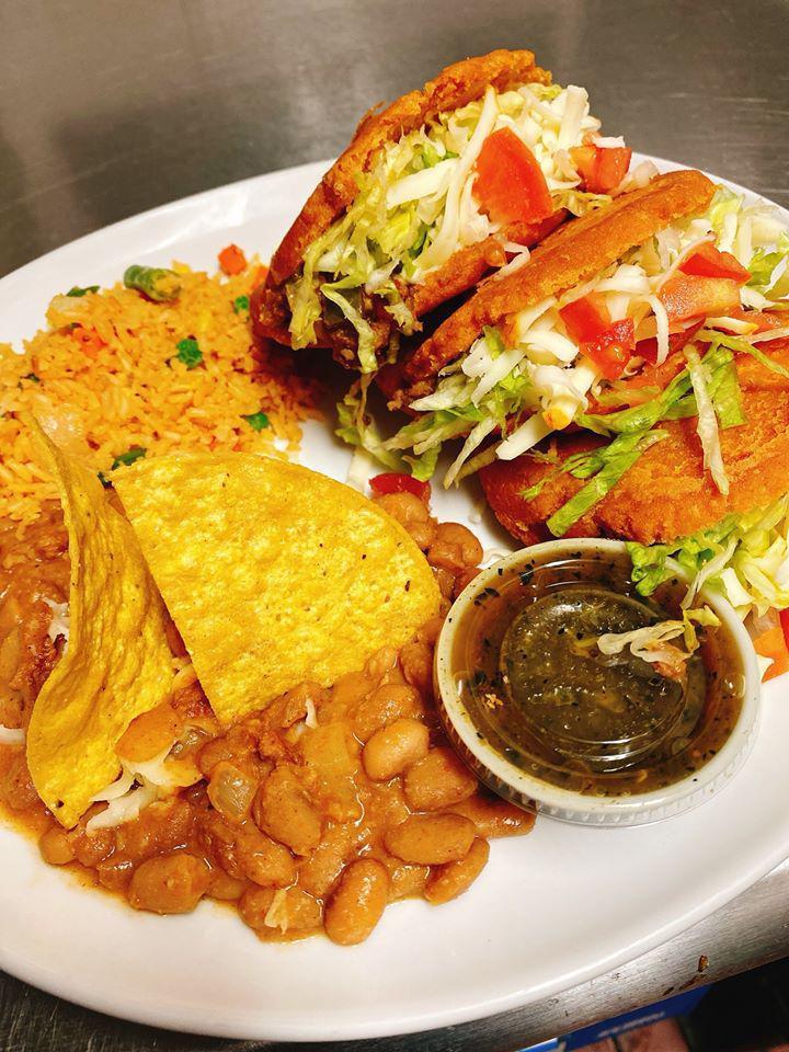 Gordita Platter · A platter of 3 crispy beef  gorditas topped with lettuce, tomatoes, and shredded cheese. Served with Beans, and rice.