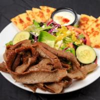 Gyros Salad · Generous portion of grilled gyros meat with fresh greens, tomato, cucumber, unpitted calamat...