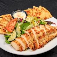 Grilled Chicken Gyros Salad · Butterflied Charbroiled chicken breast with fresh greens, tomato, cucumber, unpitted calamat...