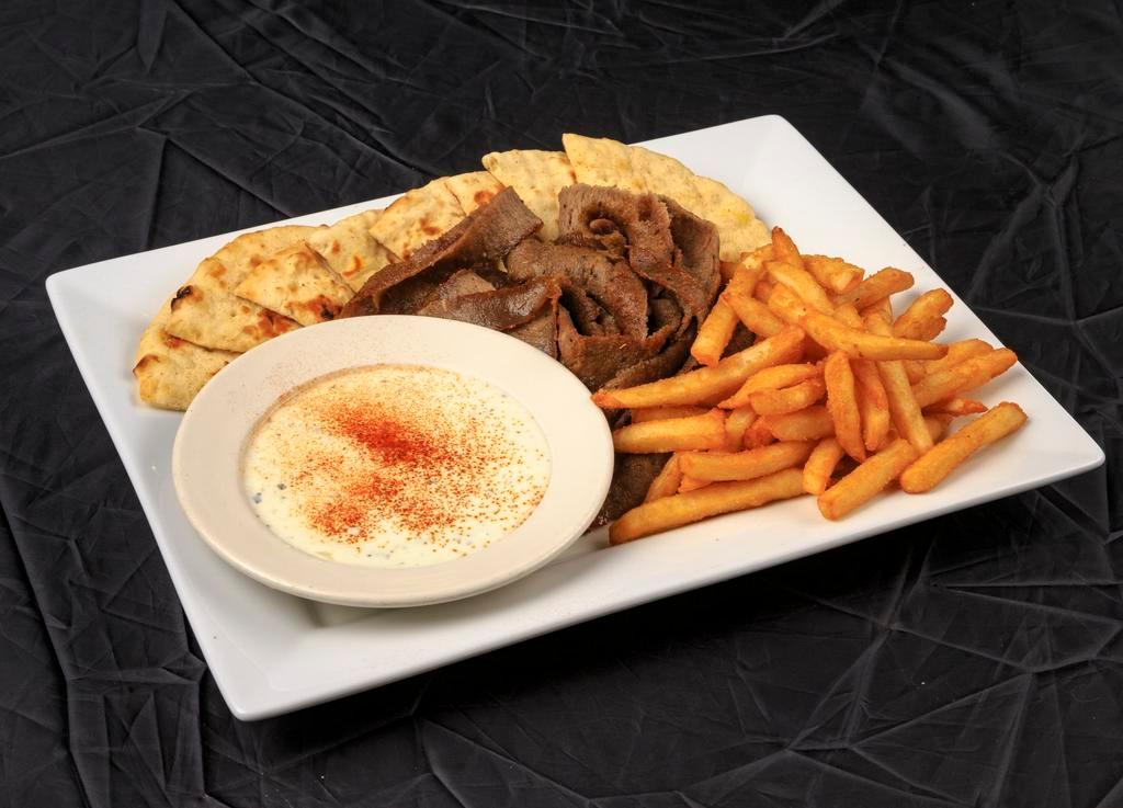 Gyros Platter · Generous portion of gyros meat, served with fresh lettuce, tomato and red onion, French fries or basmati rice.