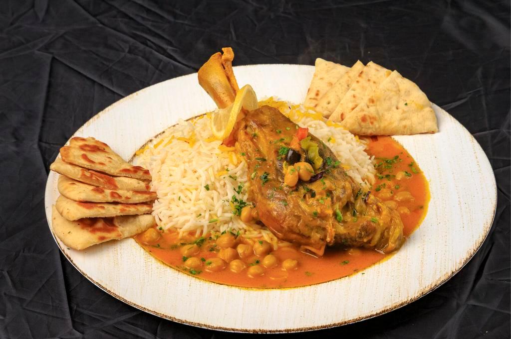 Persian Saffron Lamb Shank · This unique saffron flavored New Zealand lamb shank served with, garbanzo beans, and served with saffron basmati rice.