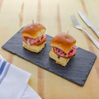Beef Chimi Sliders · Pickled japanese cabbage, avocado mayo, pink sauce. 3 Sliders. 