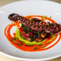 Rustic Octopus  · Baby potatoes, roasted peppers, red onion, black olives, spinach, lemon, herbed olive oil 