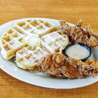 Southern Chicken and Waffle · Belgian waffle with honey butter and 2 crispy chicken tenders.