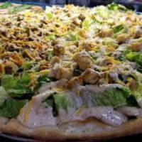 Taco Pizza · Crispy Romaine with Ground Beef with Cheddar Cheese and Hot Sauce