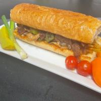 Philly cheese steak (sandwich) · Philly cheese steak sandwich served with Grilled onion, bell peppers ,mushrooms and Swiss ch...