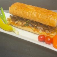 Lamb cheese Philly (sandwich) · Lamb Philly sandwich served with Grilled onion, bell peppers ,mushrooms and Swiss cheese