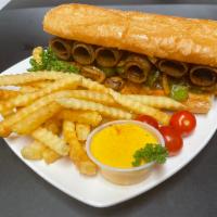 Lamb Cheesesteak sandwich with fries(Combo) · Lamb Philly grilled with onion,bell pepper and mushrooms with Swiss cheese and a side of a F...