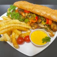 Vegan Philly sandwich with fries (Combo) · Vegan Philly grilled with onion bell pepper and mushroom with our special seasoning and Swis...