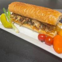 Chicken cheese Philly (sandwich) · Grilled onion, bell peppers and mushrooms ( Swiss cheese or cheese wiz)