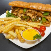 Chicken cheese Philly sandwich with fries (Combo ) · Chicken Philly grilled with bell peppers, onion , Mushrooms and Swiss cheese 
And a side of ...