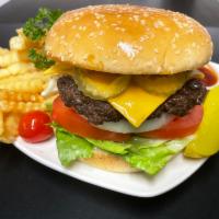 Cheese Burger with fries (Combo) · 1/4 burger patties with Letttuce, tomatoes,Pickles ,onion and cheese with side of French fri...