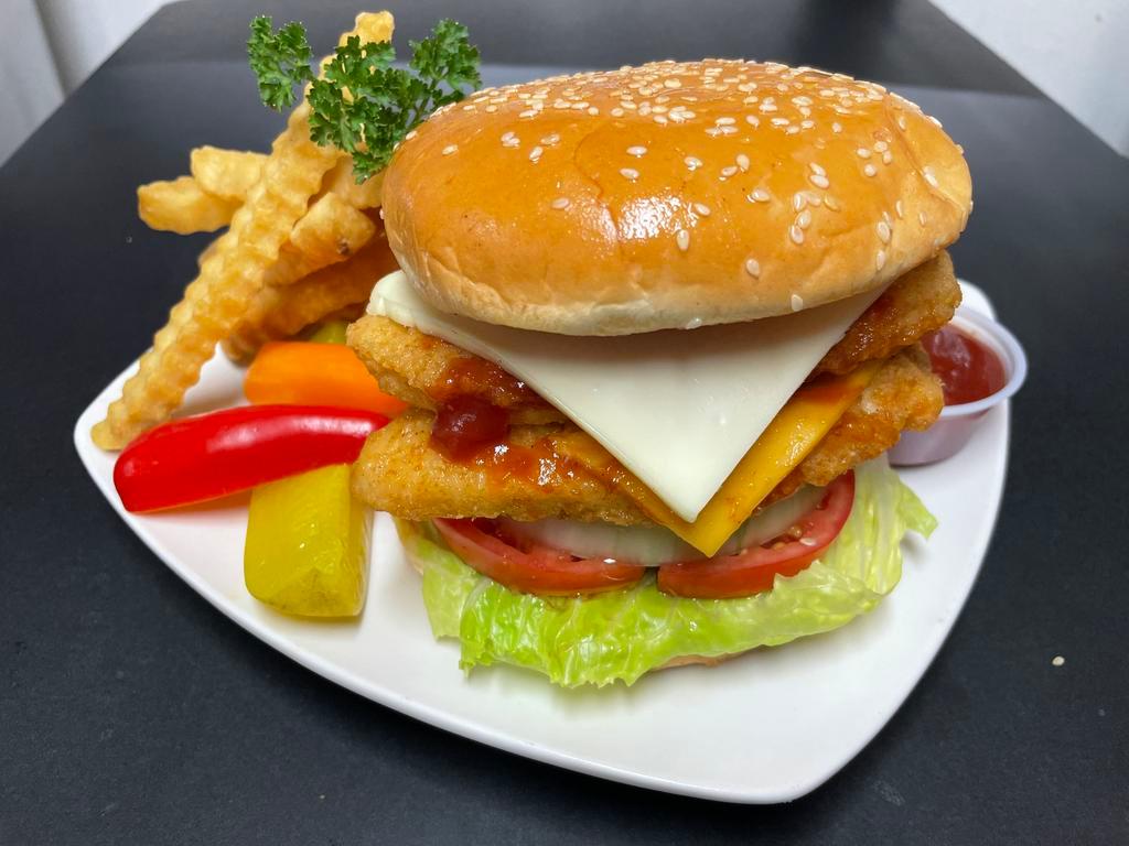 Double Chicken Sandwich with fries(Combo) · 2 chicken patties with Letttuce, Pickles tomatoes, onion and cheese with side of French fries 