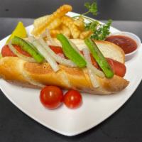  Polish hot dog with fries (Combo) · Grilled onion,Bell Pepper and yellow mustard