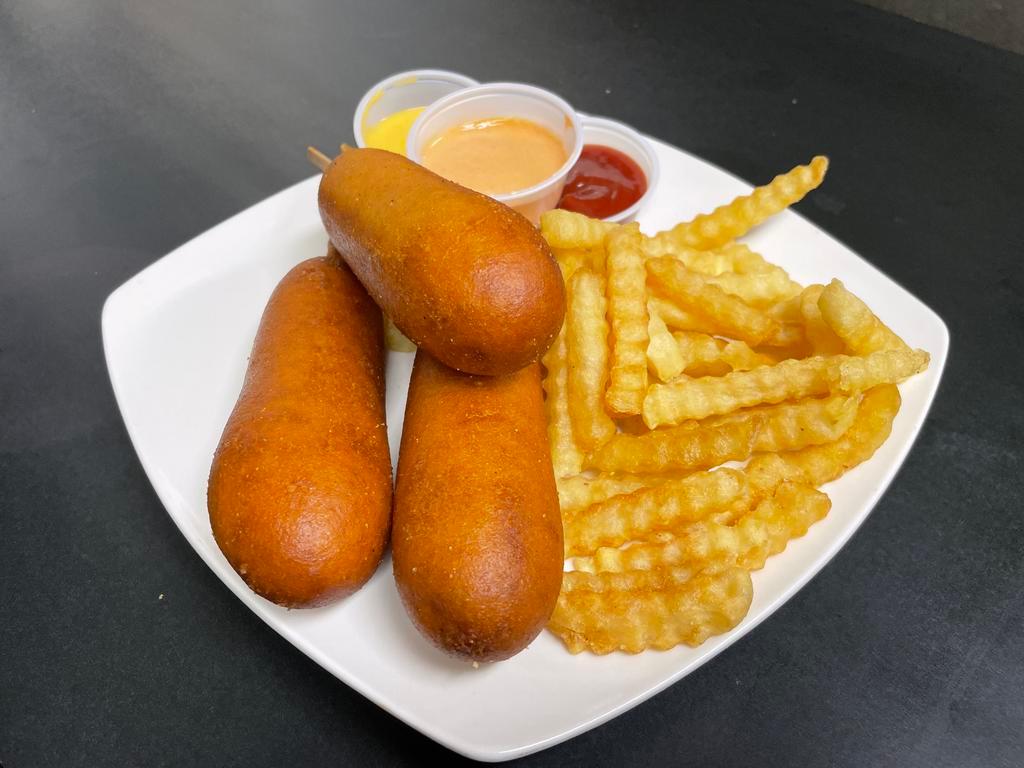 Corn Dogs With fries (Combo) · 3 Jambo Corn dogs With large French fries