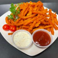 Large Sweet potato fries · With ketchup