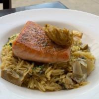 Roasted Salmon · Pan-seared and roasted, orzo, artichoke. capers, and tomatoes.