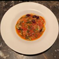 Cod Livornese · Zucchini, roasted tomatoes and cannellini beans