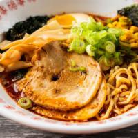 #6 Pork Shoyu Spicy Ramen · Spicy Pork broth: chashu Pork, ramen egg, green onion, bamboo shoots, corn, seaweed with thi...
