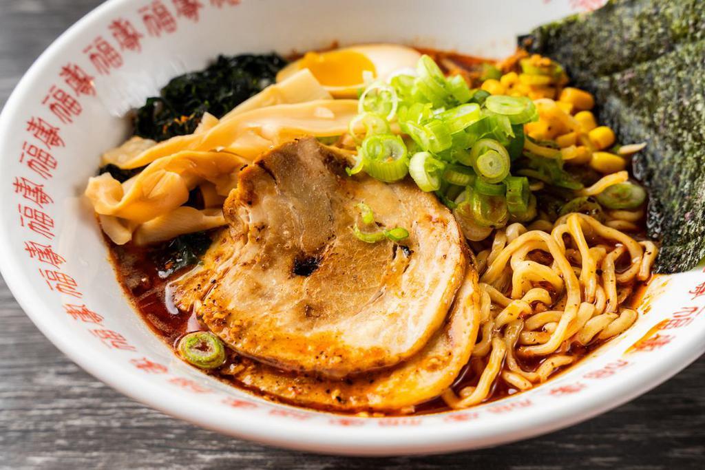 #6 Pork Shoyu Spicy Ramen · Spicy Pork broth: chashu Pork, ramen egg, green onion, bamboo shoots, corn, seaweed with thin noodle.