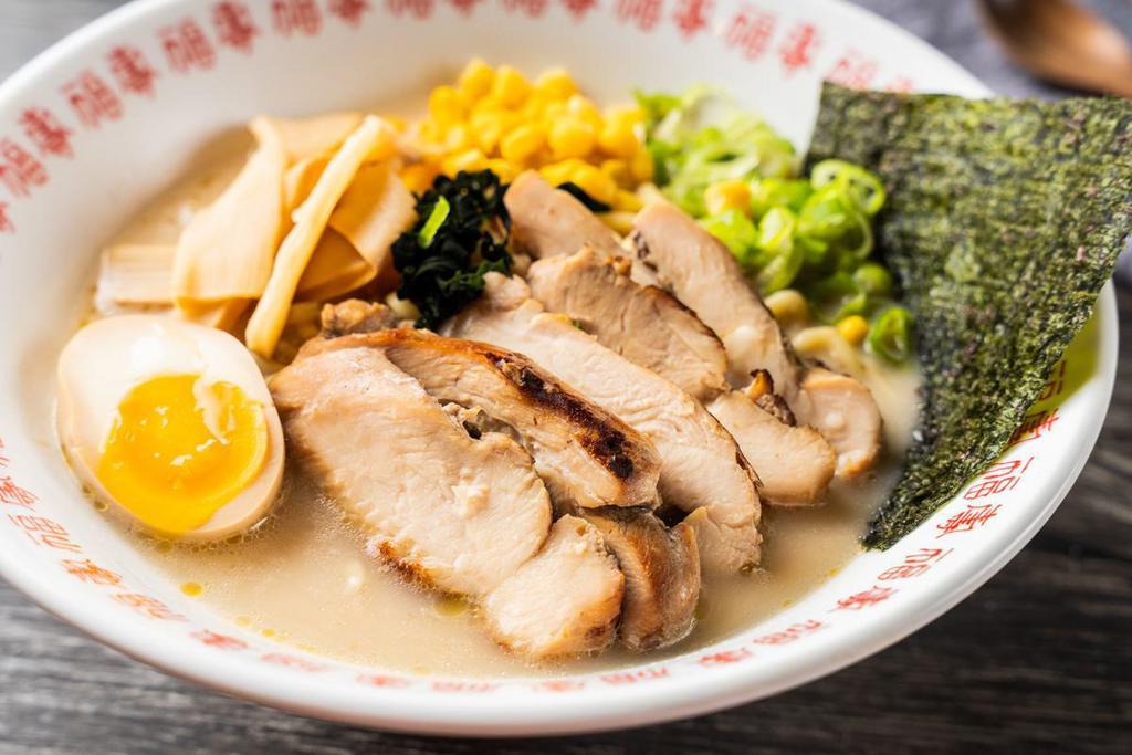 #9 Chicken Miso Ramen · Chicken broth: Grilled Chicken, ramen egg, green onion, bamboo shoots, corn, seaweed with thin noodle.