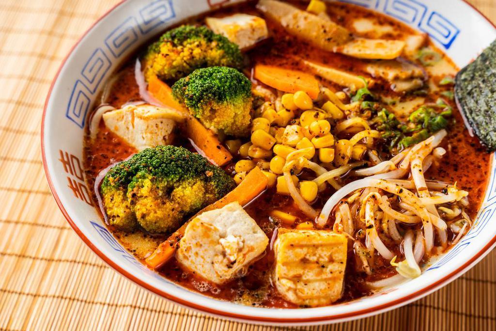 #12S Spicy Vegetable Ramen · Spicy Vegetable broth: Mixed Vegetables, Tofu, bean sprouts, green onion, bamboo shoots, corn, seaweed with thin noodle.