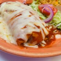 Burrito Ahogado · Super burrito smothered with red sauce.