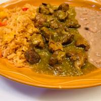 Chile Verde Plate · Diced pork chunks in green sauce served with rice and beans on the side.
