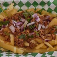 M- Birria Fries · Cheese , birria meat , onion, cilantro & (red salsa on the side)