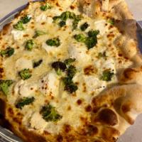Blanco Broccoli Pizza · Brewhouse dough, freshly shredded mozzarella, riccotta, Asiago, and Romano cheeses, fresh br...