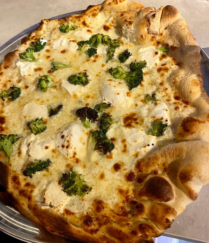 Blanco Broccoli Pizza · Brewhouse dough, freshly shredded mozzarella, riccotta, Asiago, and Romano cheeses, fresh broccoli, garlic, kosher salt, and cracked pepper.