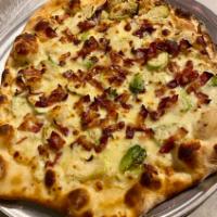 Friend from Brussels with Bacon Pizza · Brewhouse dough, thinly sliced fresh Brussel sprouts, thick hand-cut bacon, mozzarella, and ...