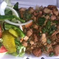 Chicken Shawarma Platter · a tender cut of chicken marinated, roasted and shaved in thin slices served with side salad,...